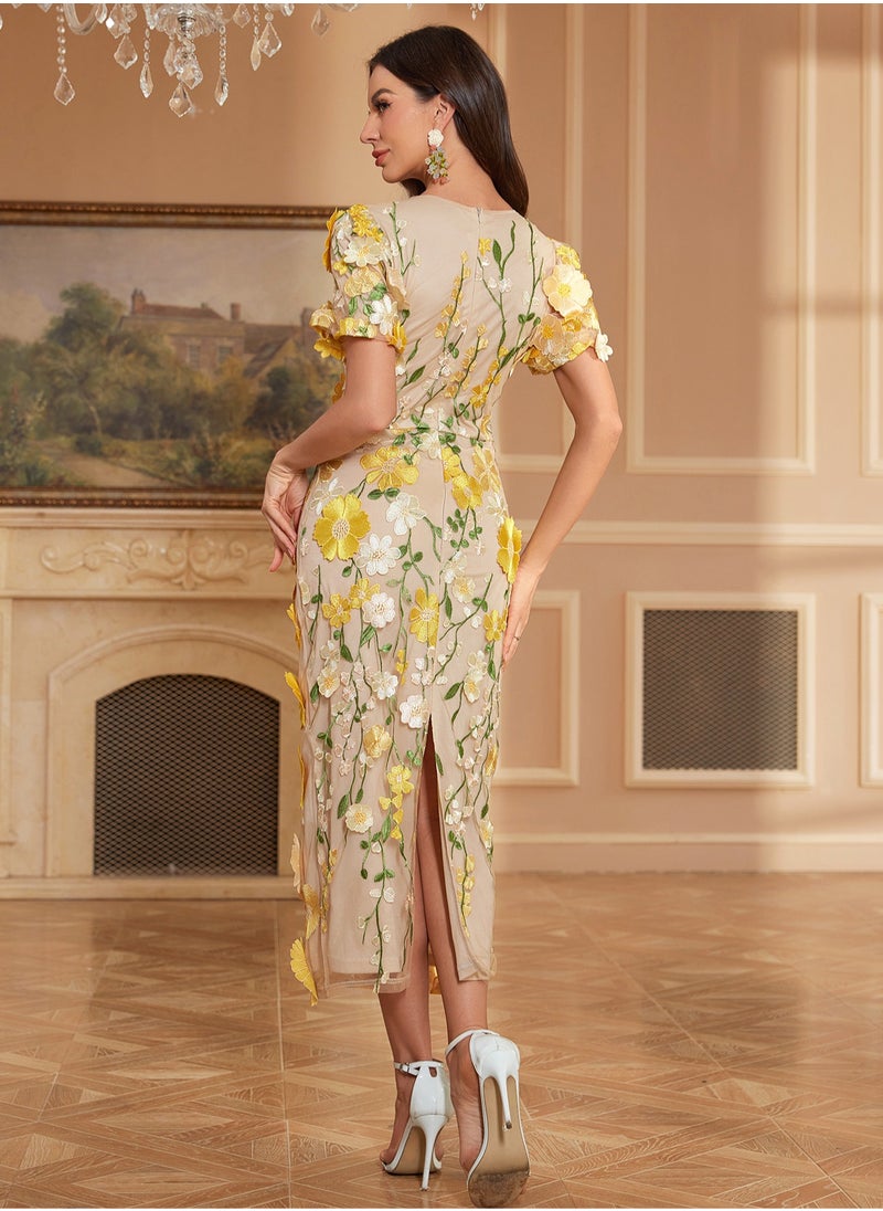 New Yellow Luxury Round Neck Embroidered 3D Floral Puff Sleeve Mid-Length Dress