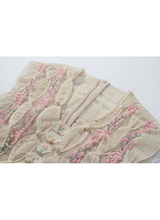 Niche Floral Embroidered Sleeveless V-Neck Dress - Sweet Luxury Women's Wear