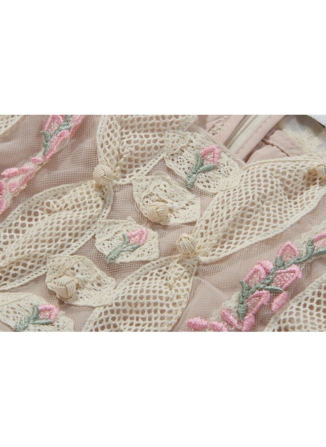 Niche Floral Embroidered Sleeveless V-Neck Dress - Sweet Luxury Women's Wear