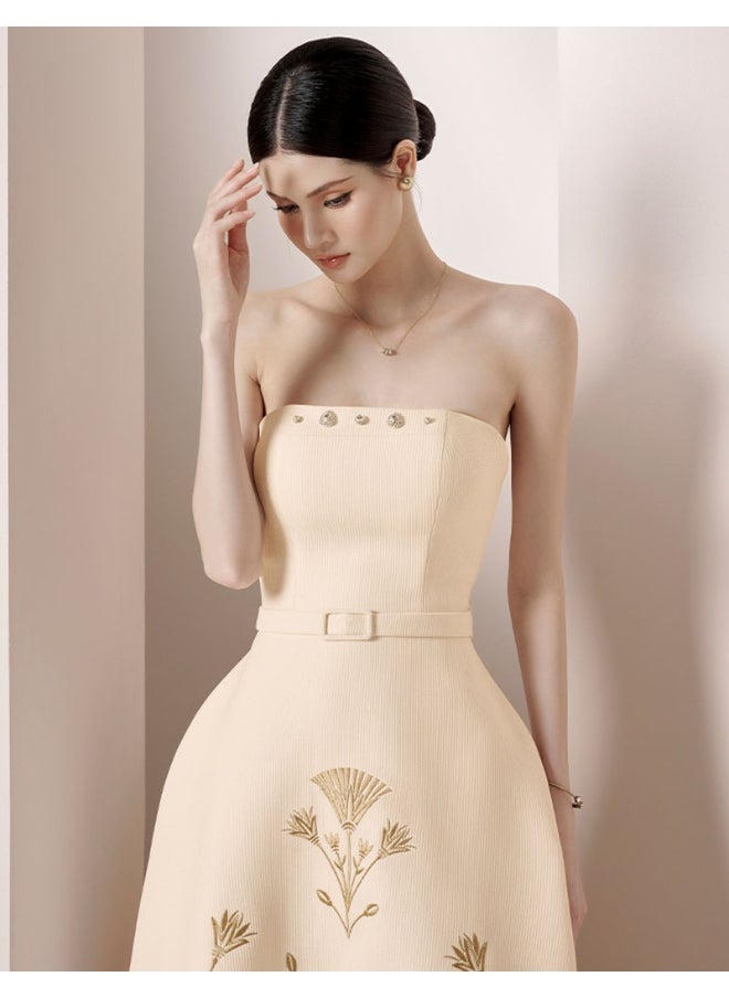 New Women's Embroidered Corset-Style Maxi Dress with Rhinestone Accents