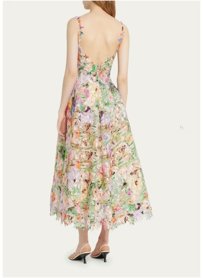 New Floral Lace Hollow-Out Backless Cami Dress for Tea Break