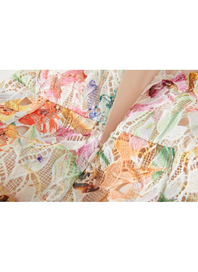 New Floral Lace Hollow-Out Backless Cami Dress for Tea Break