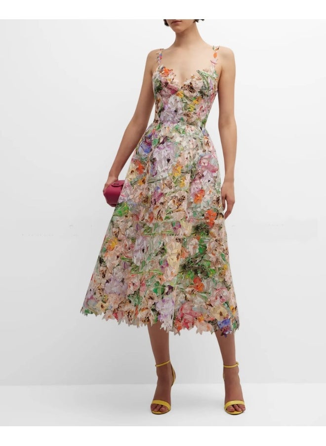 New Floral Lace Hollow-Out Backless Cami Dress for Tea Break