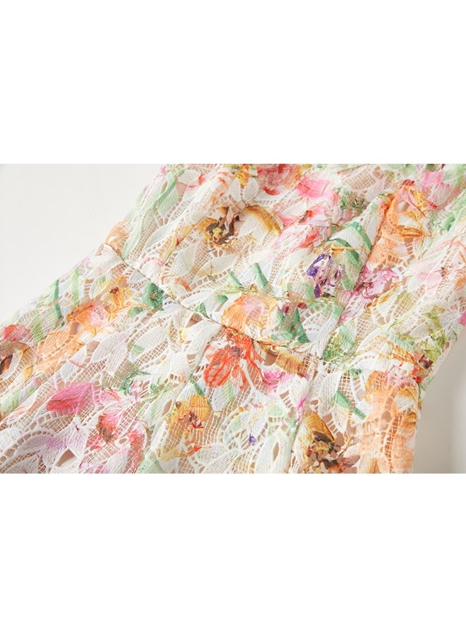 New Floral Lace Hollow-Out Backless Cami Dress for Tea Break