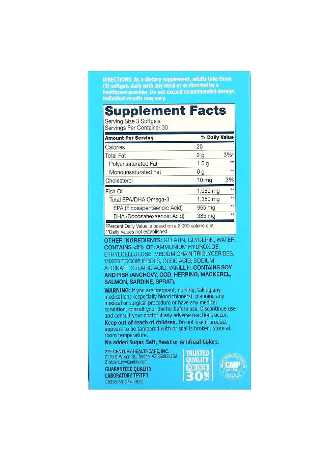 21st Century, Alaska Wild Fish Oil, Mega Omega 3, 90 Enteric Coated Softgels