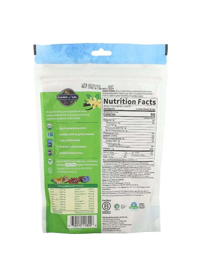 Garden of Life, Organic Plant Protein, Grain Free, Smooth Vanilla, 9.4 oz (265 g)