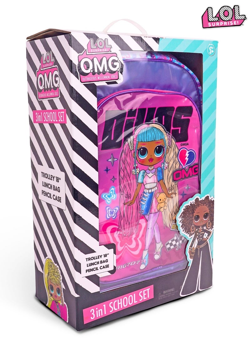 LOL-OMG  18 Inch Kids 3-in-1 Trolley School Bag Set - Ergonomic Backpack, Insulated Lunch Bag & Pencil Case,Lightweight, Durable, Students 6+ - Perfect for Travel & School,For Girls