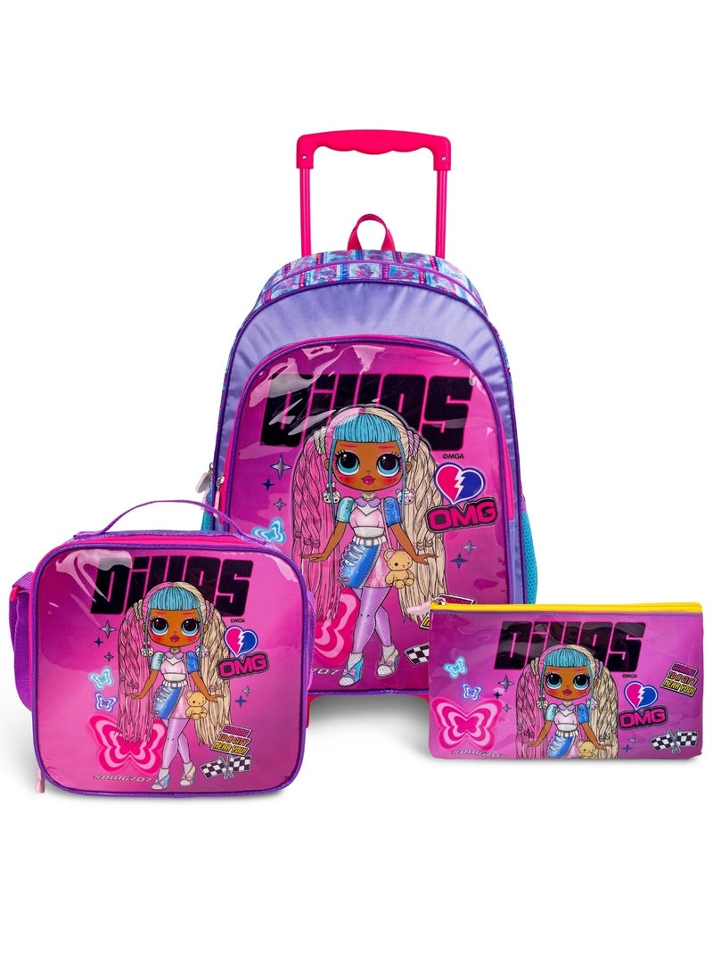 LOL-OMG  18 Inch Kids 3-in-1 Trolley School Bag Set - Ergonomic Backpack, Insulated Lunch Bag & Pencil Case,Lightweight, Durable, Students 6+ - Perfect for Travel & School,For Girls