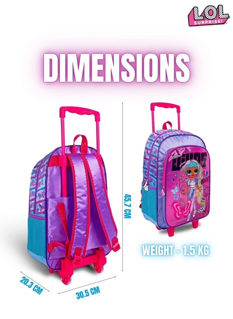 LOL-OMG  18 Inch Kids 3-in-1 Trolley School Bag Set - Ergonomic Backpack, Insulated Lunch Bag & Pencil Case,Lightweight, Durable, Students 6+ - Perfect for Travel & School,For Girls