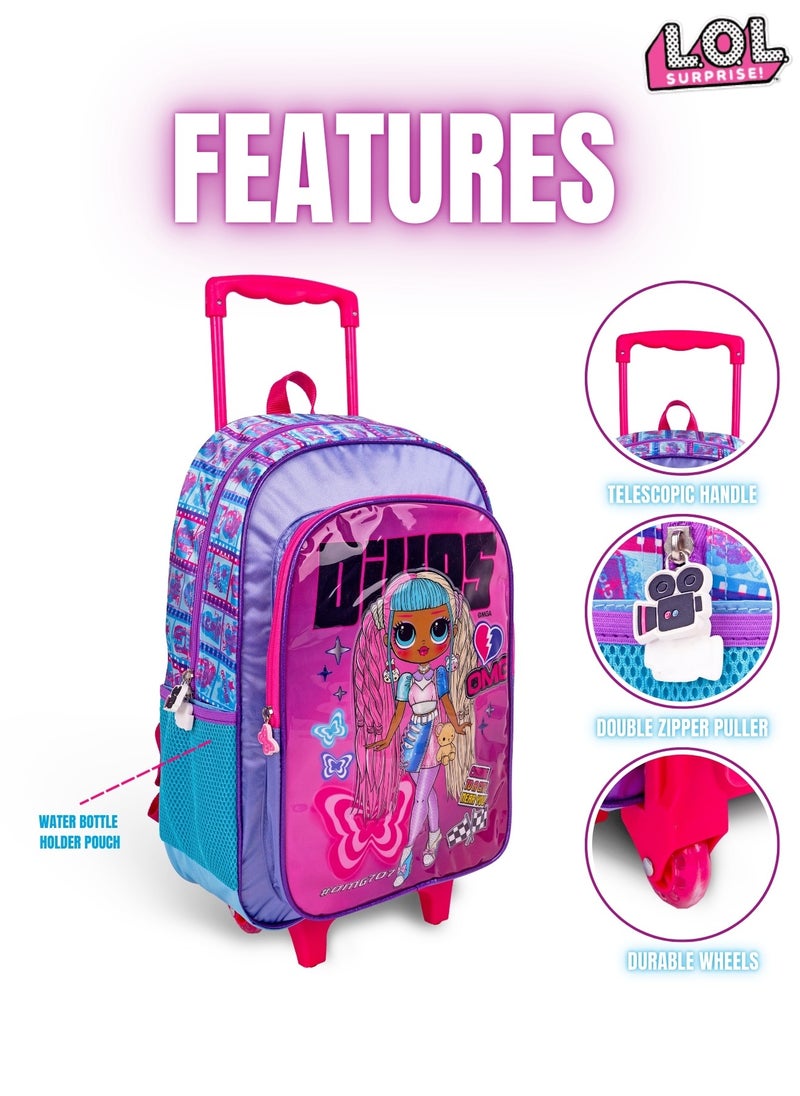 LOL-OMG  18 Inch Kids 3-in-1 Trolley School Bag Set - Ergonomic Backpack, Insulated Lunch Bag & Pencil Case,Lightweight, Durable, Students 6+ - Perfect for Travel & School,For Girls