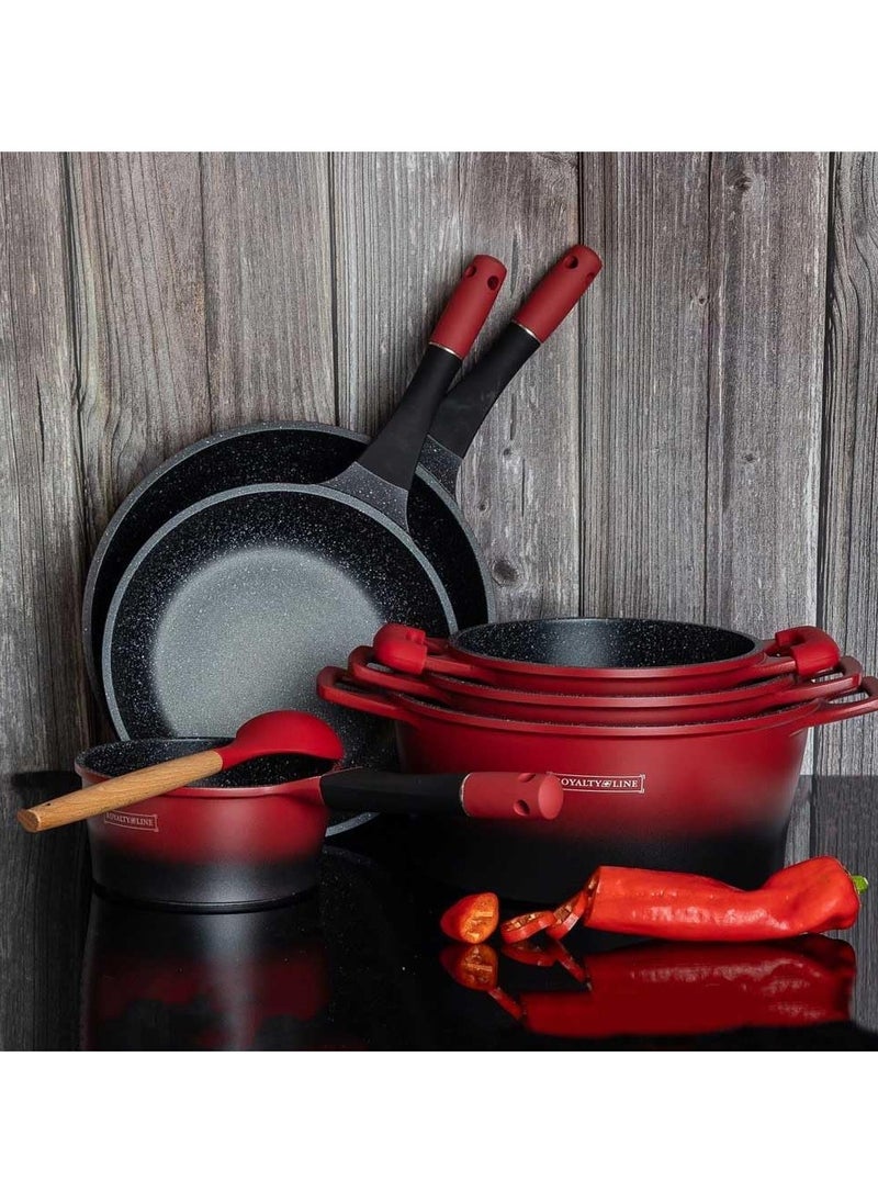 17 Piece Cast Aluminium Non-Stick Pan Set Lava Rock Induction Gas Glass Lid + Tools RL-ES1014M ( Red )