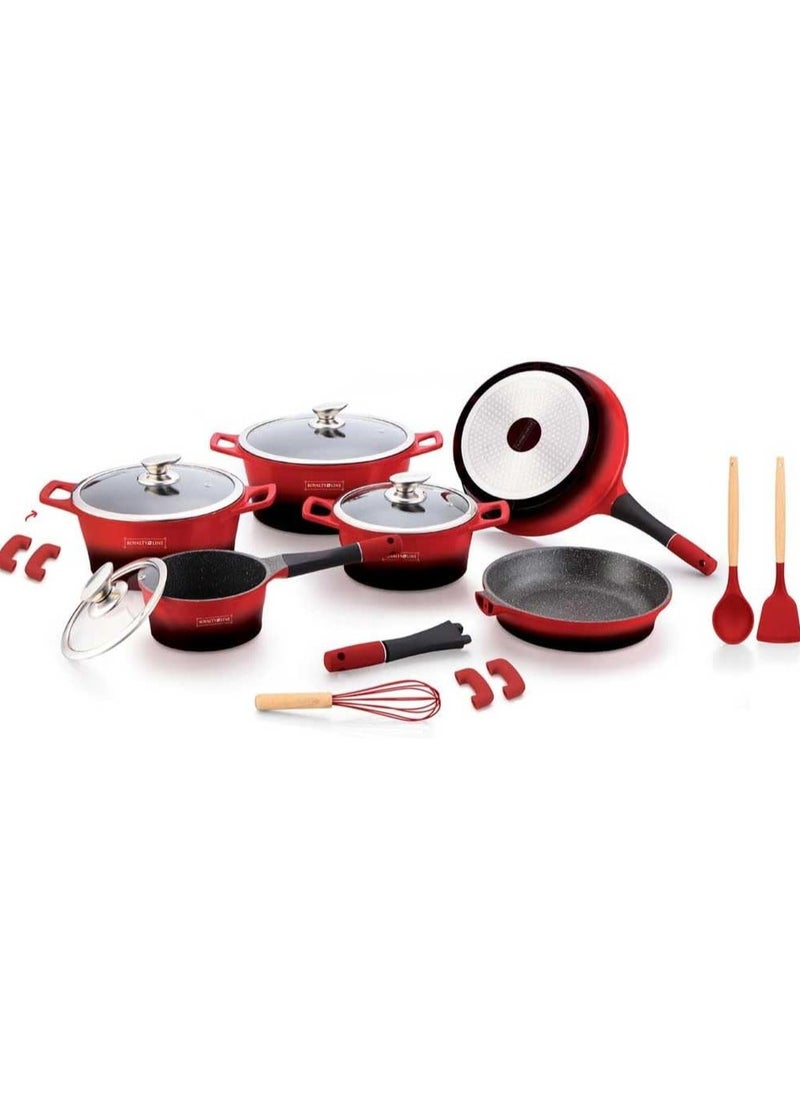 17 Piece Cast Aluminium Non-Stick Pan Set Lava Rock Induction Gas Glass Lid + Tools RL-ES1014M ( Red )