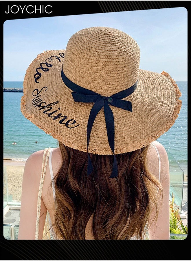 Summer Women Wide Brim Embroidered Sun Protection Straw Hat Fashion Simple Letter Bow Ribbon Beach Sun Hat