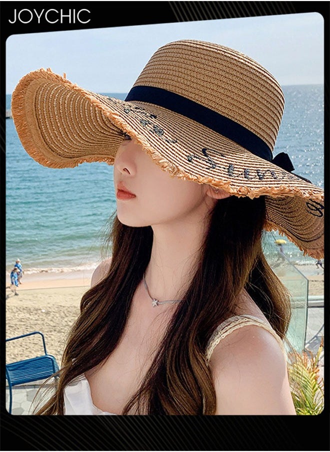 Summer Women Wide Brim Embroidered Sun Protection Straw Hat Fashion Simple Letter Bow Ribbon Beach Sun Hat