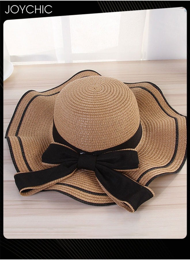 Women Beach Sun Straw Hat Classic Fedora Wide Brim Sun Protection Travel Foldable Portable Hat