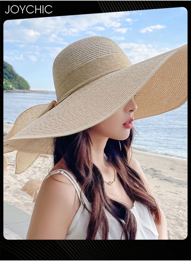 Trendy Travel Straw Hat for Women Summer Wide Brim Sun Protection Hat Lightweight Foldable Outdoor Beach Sun Hat