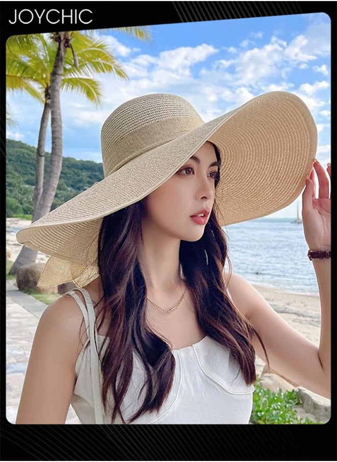 Trendy Travel Straw Hat for Women Summer Wide Brim Sun Protection Hat Lightweight Foldable Outdoor Beach Sun Hat