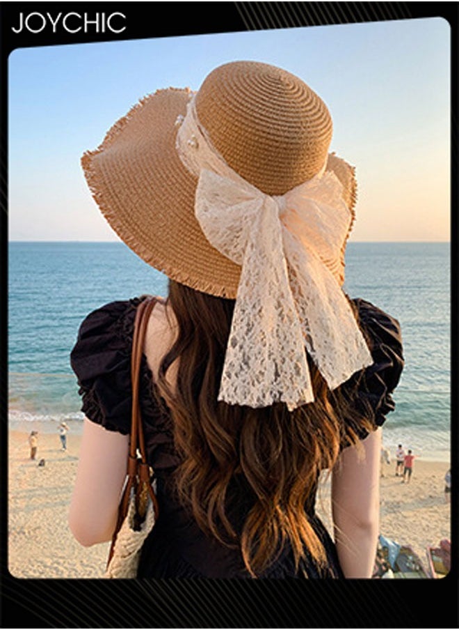 Sweet Big Bow Summer Beach Sun Hat for Women Fashionable Wide Brim Sun Protection Hat for Travel Outdoor