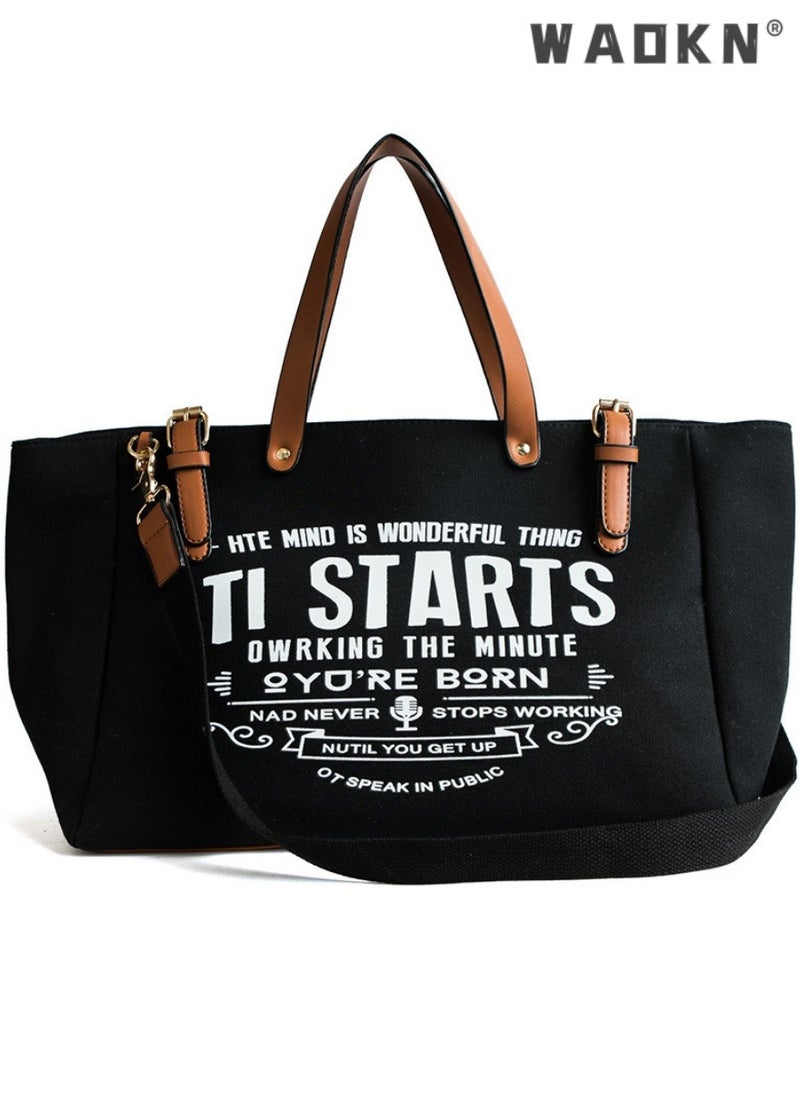 Women's European and American Style Large Capacity Shopper/Tote Bag, Girls Fashion Canvas Handbag Carry Bag Duffle Bag With PU Handle, Monogram Print Side Bag for College Students and Teenagers