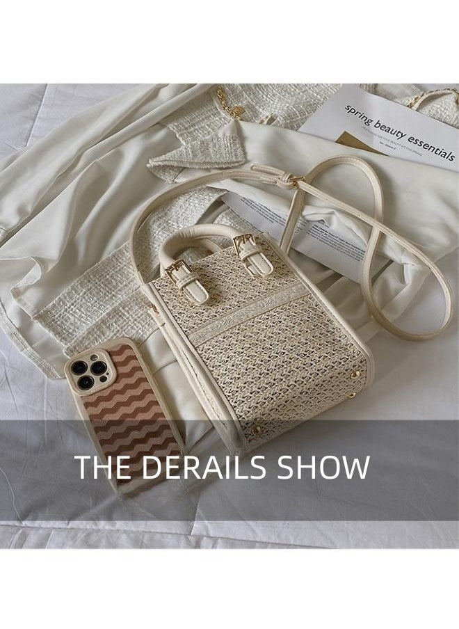 Women's Personalized Holiday Crossbody Bag, Ladies Fashionable Straw Handbag Shoulder Bag Sling Bag, New Versatile Woven Carrying Bag for College Students and Young People (White)