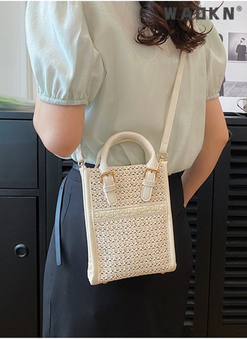 Women's Personalized Holiday Crossbody Bag, Ladies Fashionable Straw Handbag Shoulder Bag Sling Bag, New Versatile Woven Carrying Bag for College Students and Young People (White)