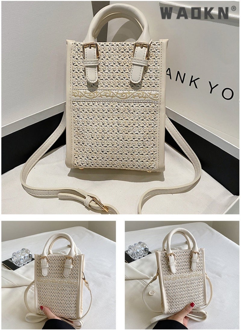 Women's Personalized Holiday Crossbody Bag, Ladies Fashionable Straw Handbag Shoulder Bag Sling Bag, New Versatile Woven Carrying Bag for College Students and Young People (White)