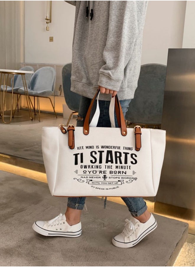 Women's European and American Style Large Capacity Shopper/Tote Bag, Girls Fashion Canvas Handbag Carry Bag Duffle Bag With PU Handle, Monogram Print Side Bag for College Students and Teenagers