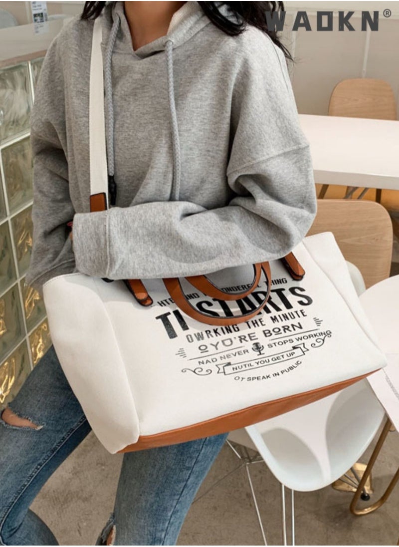 Women's European and American Style Large Capacity Shopper/Tote Bag, Girls Fashion Canvas Handbag Carry Bag Duffle Bag With PU Handle, Monogram Print Side Bag for College Students and Teenagers