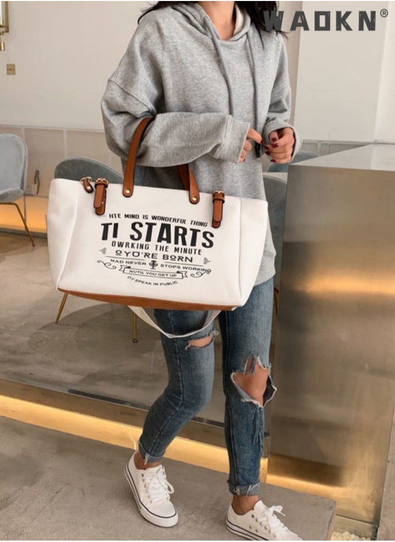 Women's European and American Style Large Capacity Shopper/Tote Bag, Girls Fashion Canvas Handbag Carry Bag Duffle Bag With PU Handle, Monogram Print Side Bag for College Students and Teenagers