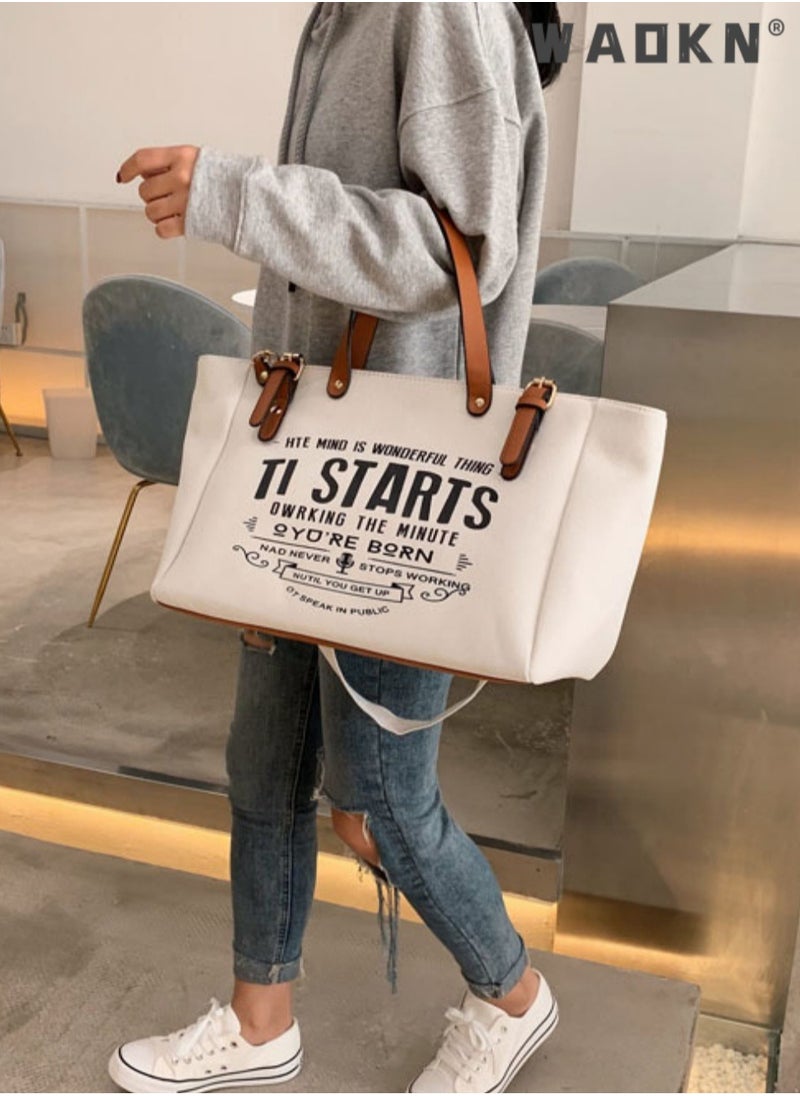 Women's European and American Style Large Capacity Shopper/Tote Bag, Girls Fashion Canvas Handbag Carry Bag Duffle Bag With PU Handle, Monogram Print Side Bag for College Students and Teenagers