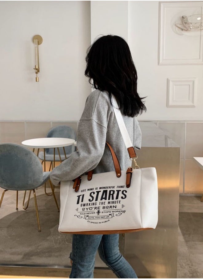 Women's European and American Style Large Capacity Shopper/Tote Bag, Girls Fashion Canvas Handbag Carry Bag Duffle Bag With PU Handle, Monogram Print Side Bag for College Students and Teenagers