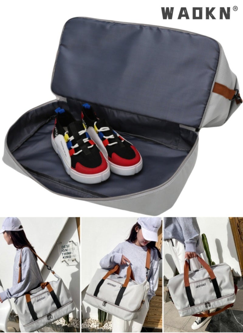 Unisex Dry and Wet Separate Gym Sacks, Large Capacity Casual Fitness Bag Luggage Bag Travel Bag for Men and Women, Portable Independent Shoe Compartment Yoga Bag Duffle Bag（Grey）