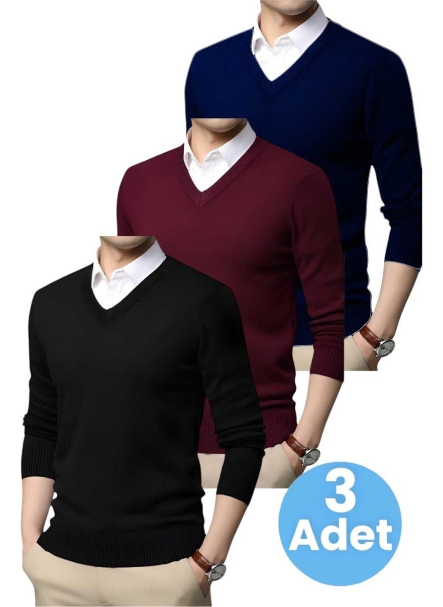 3-Piece Men's V Neck Long Sleeve Knitwear Non-Pilling Sweater Men's Slim Fit Sweater