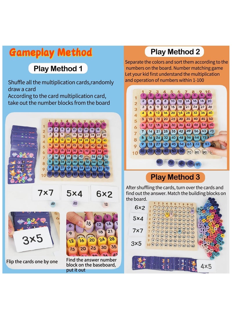 Wooden Math Set Multiplication Board Game with Flash Learning Card, Early Learning Math Tool Manipulatives Preschool Blocks Board for Boys and Girls for Ages +3