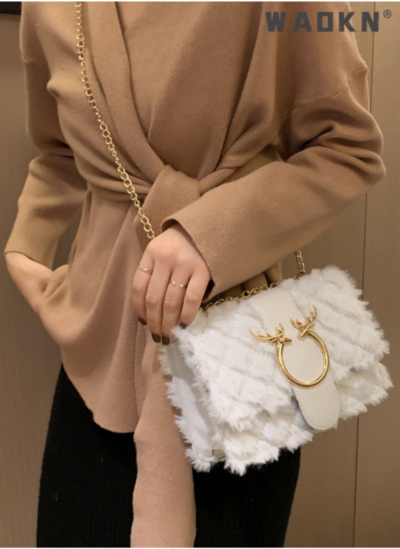 Women's New Fashionable Shoulder Bag, Ladiesversatile Chain Bag, Lamb Plush Crossbody Bag Side Bag Sling Bag, Textured Hardware Commuting Carrying Bag Handbag Tote Bag