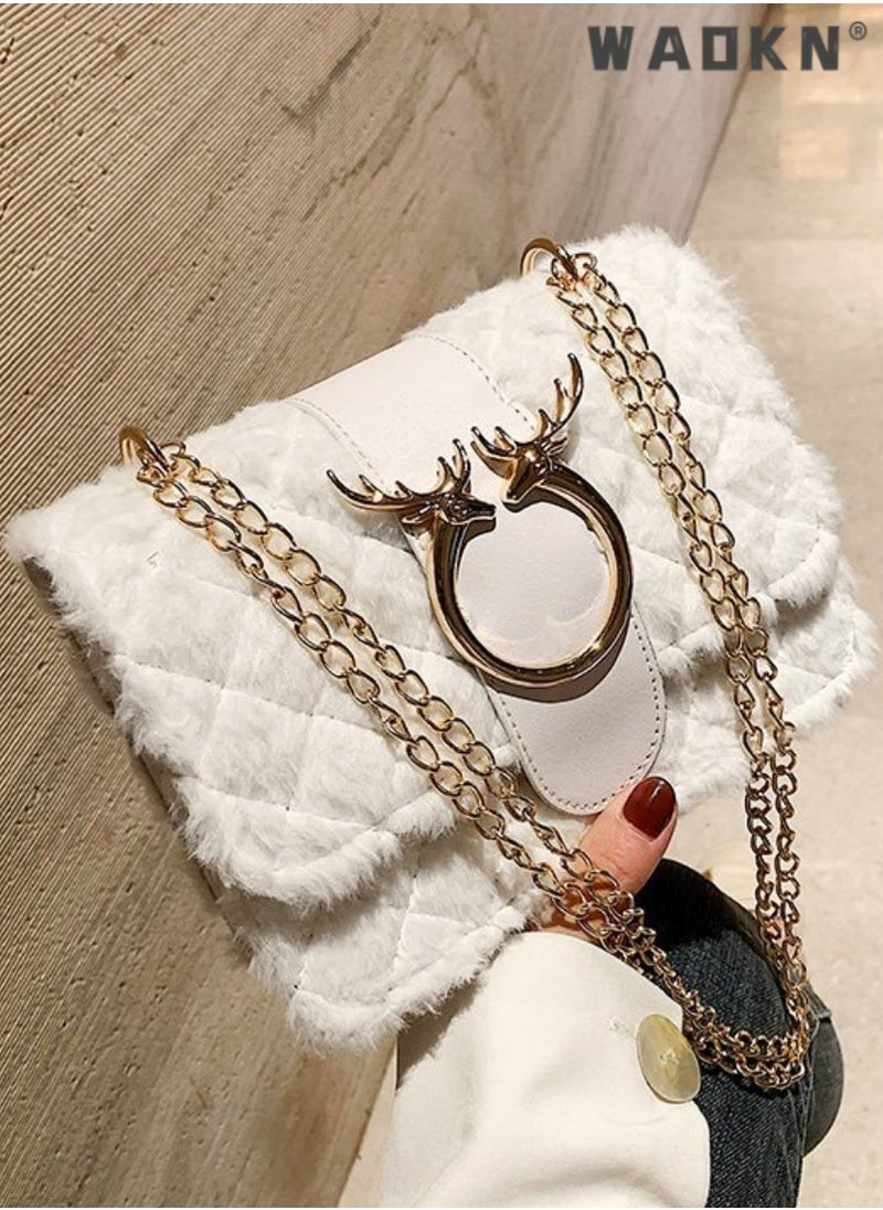 Women's New Fashionable Shoulder Bag, Ladiesversatile Chain Bag, Lamb Plush Crossbody Bag Side Bag Sling Bag, Textured Hardware Commuting Carrying Bag Handbag Tote Bag