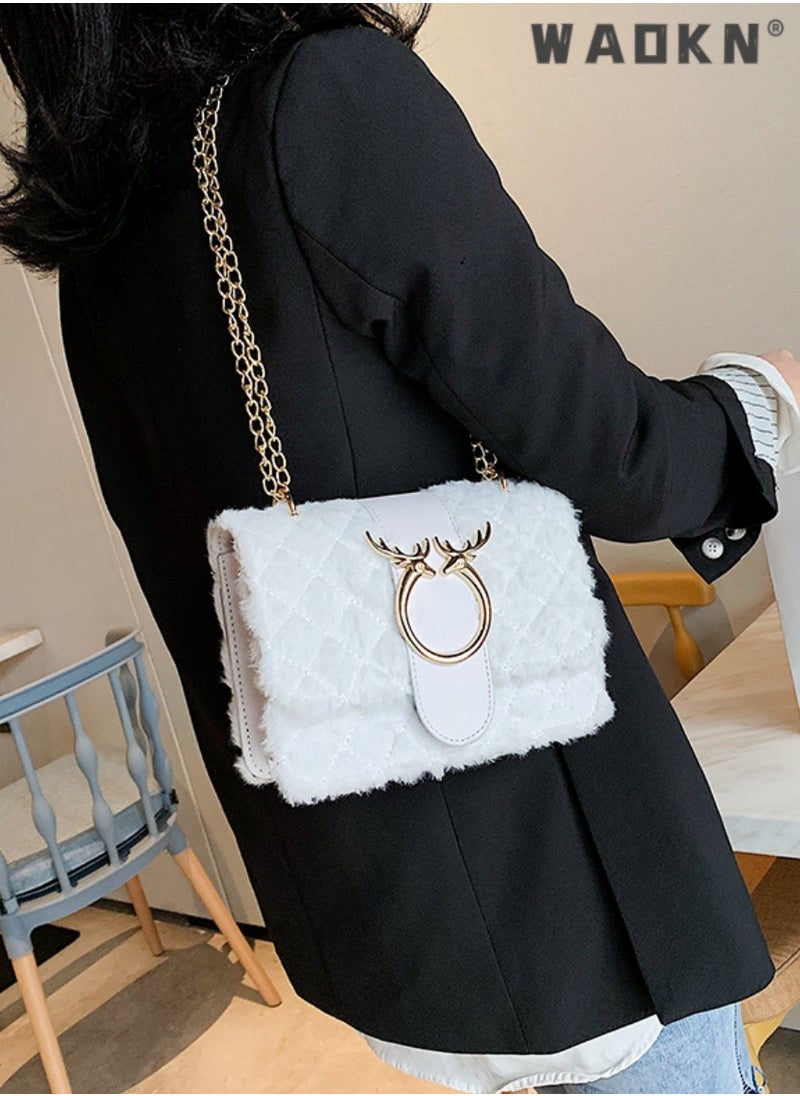 Women's New Fashionable Shoulder Bag, Ladiesversatile Chain Bag, Lamb Plush Crossbody Bag Side Bag Sling Bag, Textured Hardware Commuting Carrying Bag Handbag Tote Bag