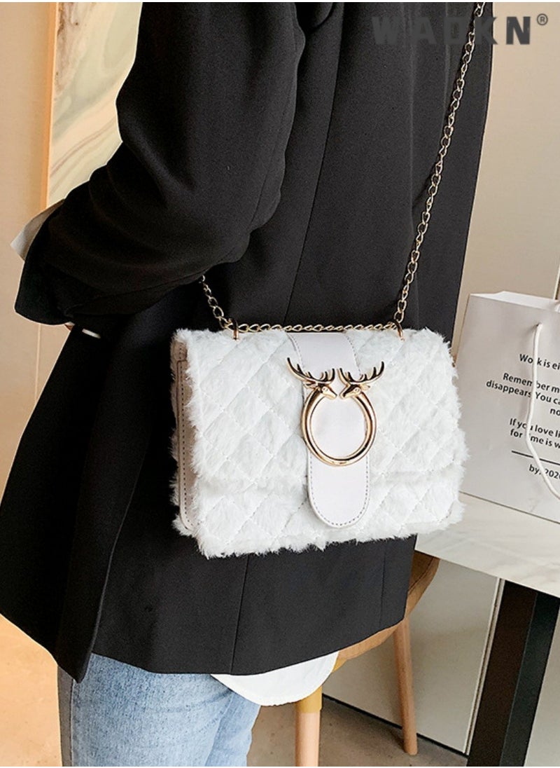 Women's New Fashionable Shoulder Bag, Ladiesversatile Chain Bag, Lamb Plush Crossbody Bag Side Bag Sling Bag, Textured Hardware Commuting Carrying Bag Handbag Tote Bag