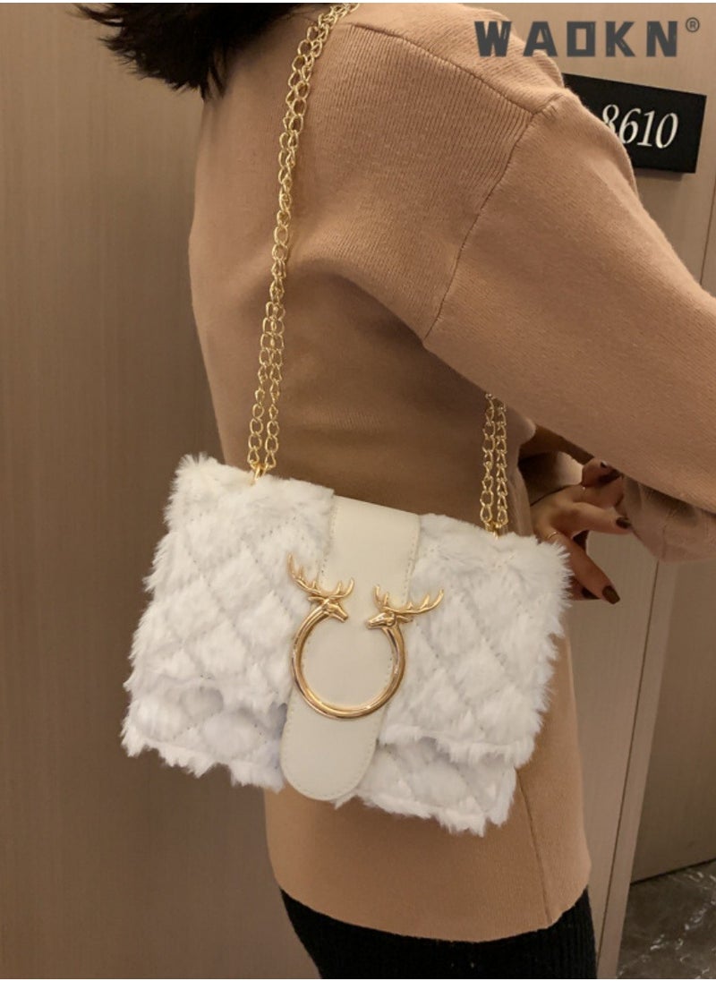 Women's New Fashionable Shoulder Bag, Ladiesversatile Chain Bag, Lamb Plush Crossbody Bag Side Bag Sling Bag, Textured Hardware Commuting Carrying Bag Handbag Tote Bag