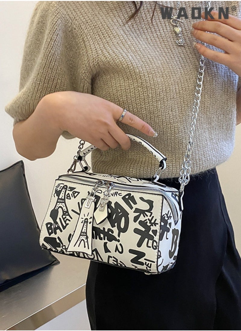 Women's Luxury Handbags, Letter Graffiti Design Tote Bags Shoulder Bag Crossbody Bag for Ladies, Large Capacity PU Leather Carry Bag Sling Bag (Black and White)