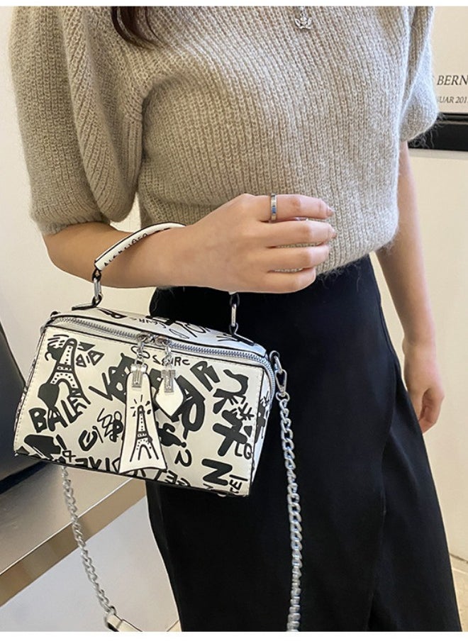 Women's Luxury Handbags, Letter Graffiti Design Tote Bags Shoulder Bag Crossbody Bag for Ladies, Large Capacity PU Leather Carry Bag Sling Bag (Black and White)
