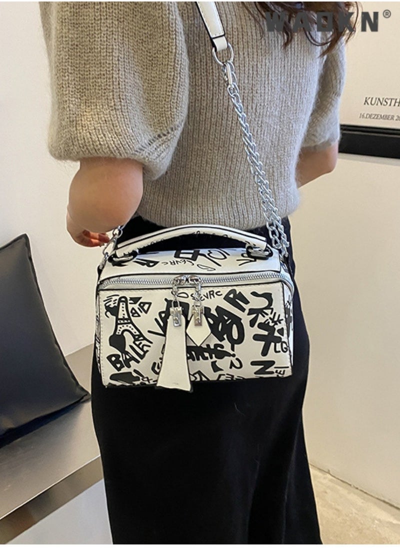 Women's Luxury Handbags, Letter Graffiti Design Tote Bags Shoulder Bag Crossbody Bag for Ladies, Large Capacity PU Leather Carry Bag Sling Bag (Black and White)