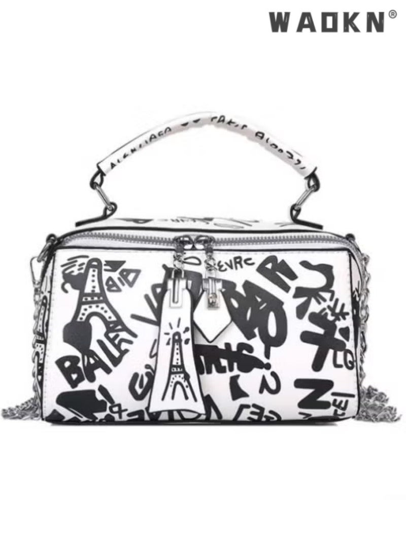Women's Luxury Handbags, Letter Graffiti Design Tote Bags Shoulder Bag Crossbody Bag for Ladies, Large Capacity PU Leather Carry Bag Sling Bag (Black and White)