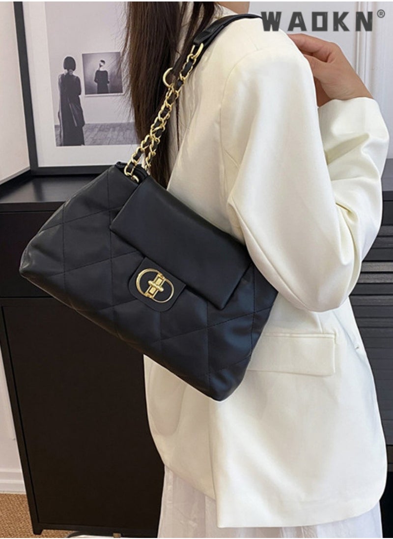 Women's Fashion Simple Shoulder Bag, Women's Fashion Lingked Armpit Bag Sling Bag Side Bag, Solid Color PU Leather Chain Tote Bag Handbag Gift Bag for Women/Mother/Girl Friend Gift (Black)