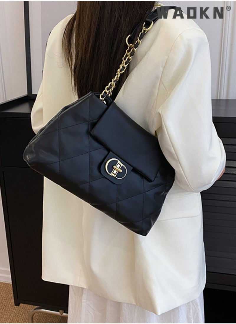 Women's Fashion Simple Shoulder Bag, Women's Fashion Lingked Armpit Bag Sling Bag Side Bag, Solid Color PU Leather Chain Tote Bag Handbag Gift Bag for Women/Mother/Girl Friend Gift (Black)