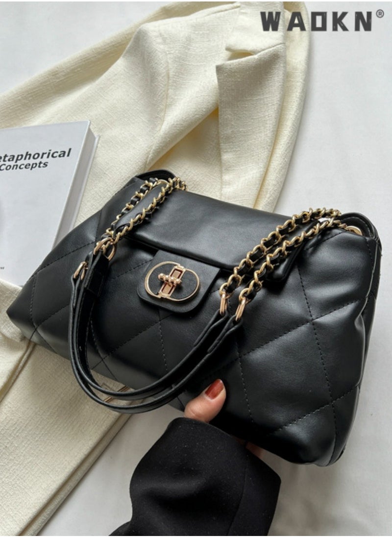 Women's Fashion Simple Shoulder Bag, Women's Fashion Lingked Armpit Bag Sling Bag Side Bag, Solid Color PU Leather Chain Tote Bag Handbag Gift Bag for Women/Mother/Girl Friend Gift (Black)