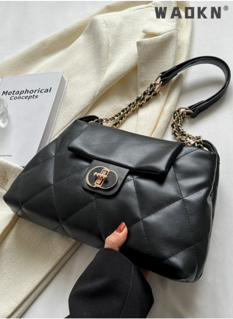 Women's Fashion Simple Shoulder Bag, Women's Fashion Lingked Armpit Bag Sling Bag Side Bag, Solid Color PU Leather Chain Tote Bag Handbag Gift Bag for Women/Mother/Girl Friend Gift (Black)