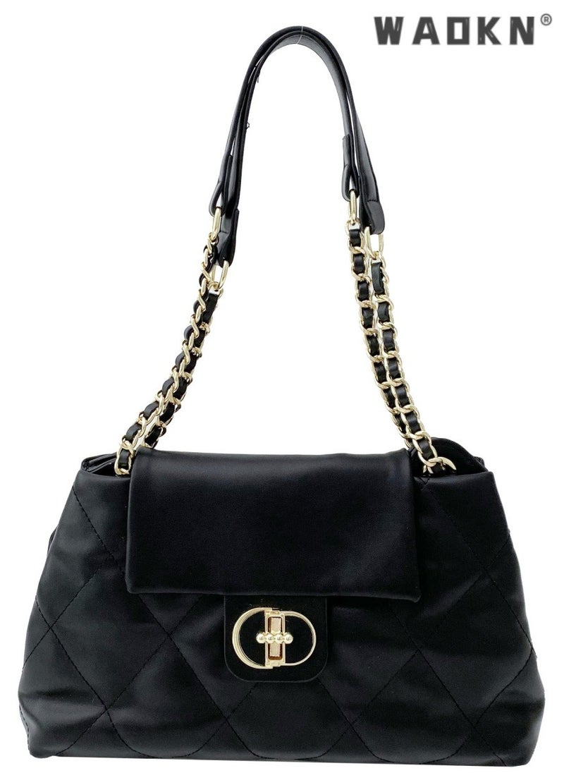 Women's Fashion Simple Shoulder Bag, Women's Fashion Lingked Armpit Bag Sling Bag Side Bag, Solid Color PU Leather Chain Tote Bag Handbag Gift Bag for Women/Mother/Girl Friend Gift (Black)