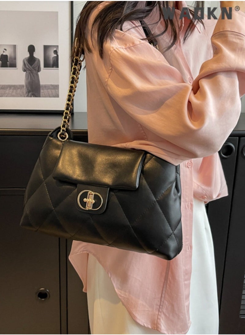 Women's Fashion Simple Shoulder Bag, Women's Fashion Lingked Armpit Bag Sling Bag Side Bag, Solid Color PU Leather Chain Tote Bag Handbag Gift Bag for Women/Mother/Girl Friend Gift (Black)