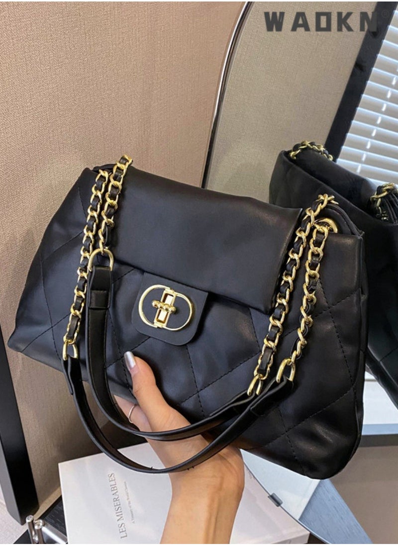 Women's Fashion Simple Shoulder Bag, Women's Fashion Lingked Armpit Bag Sling Bag Side Bag, Solid Color PU Leather Chain Tote Bag Handbag Gift Bag for Women/Mother/Girl Friend Gift (Black)